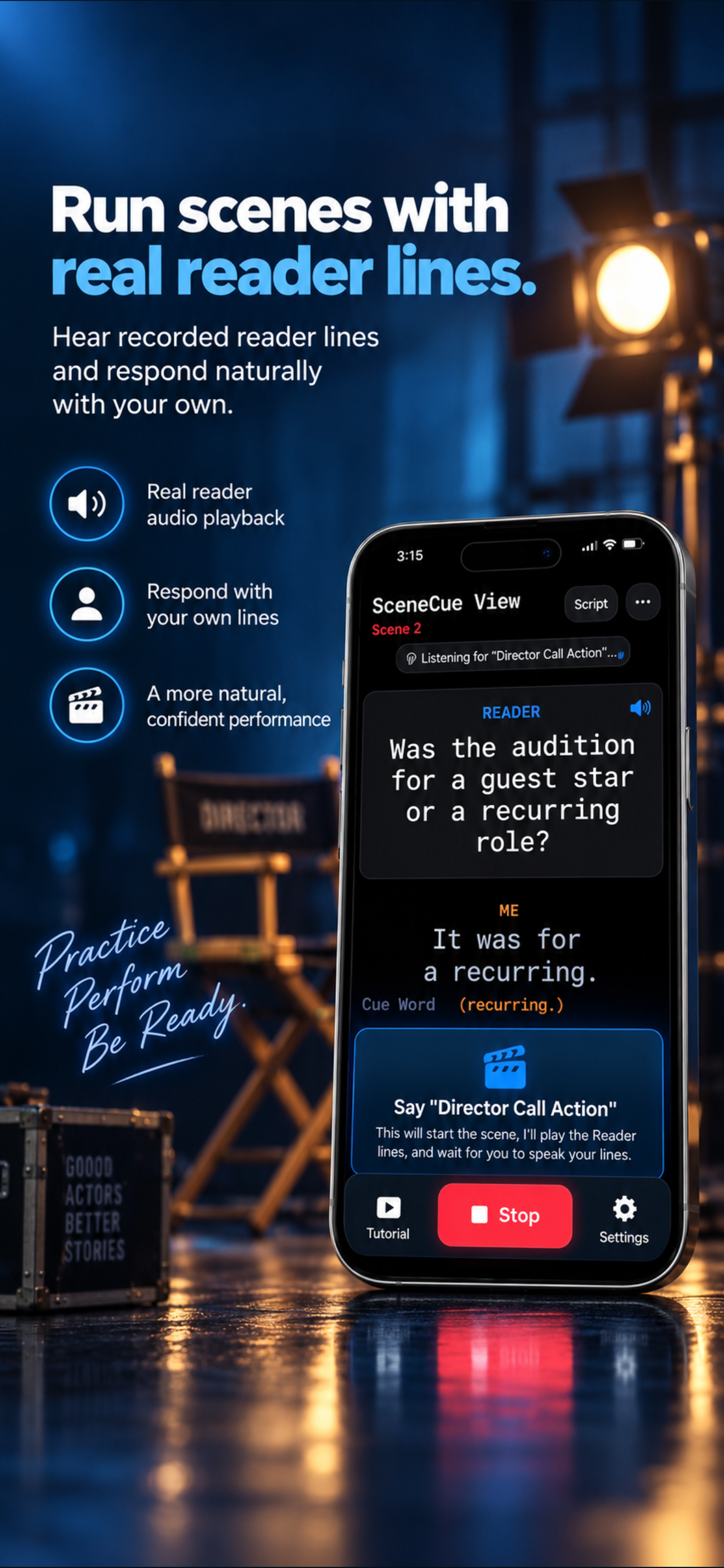 ActorCue iPhone app — line reader and hands-free rehearsal tool for actors, self-tape auditions