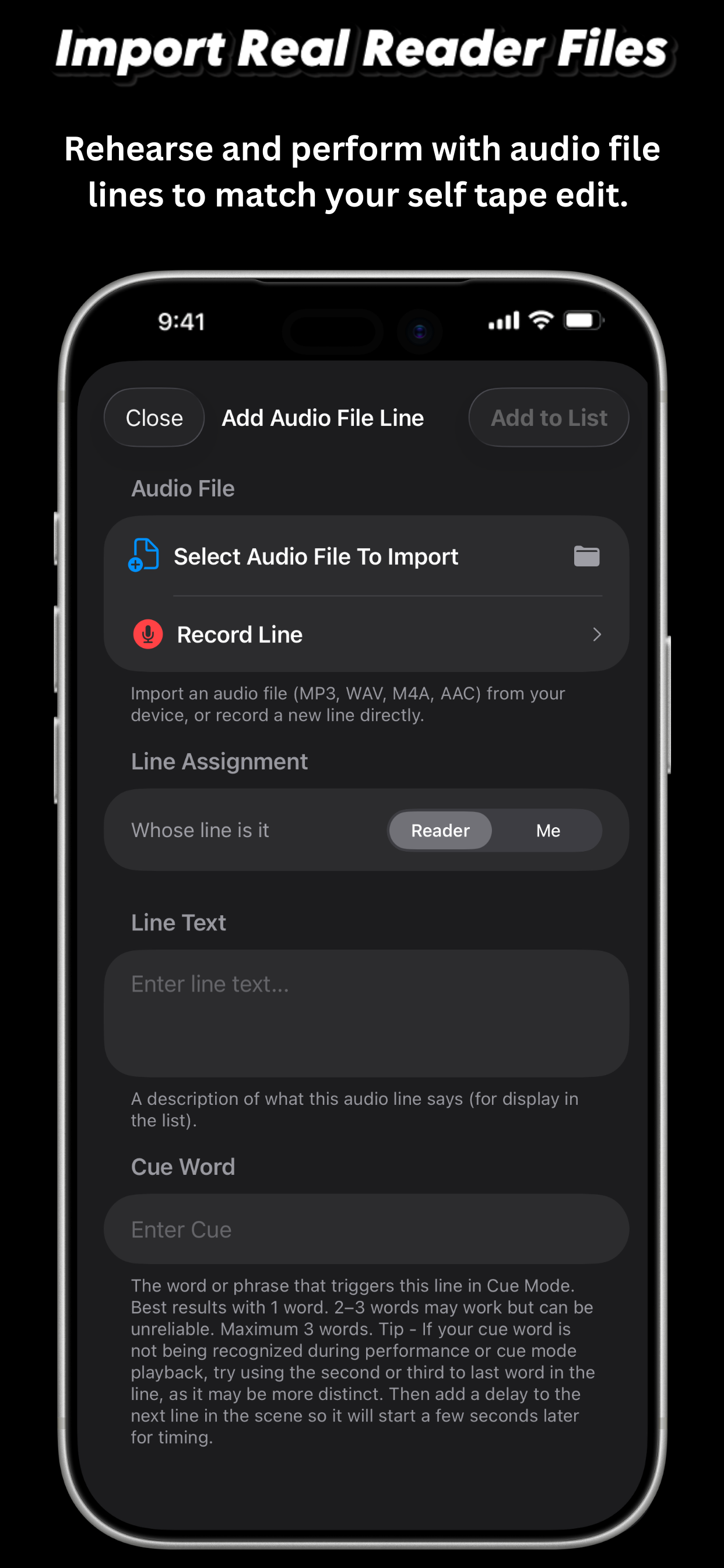 ActorCue Add Audio File Line screen