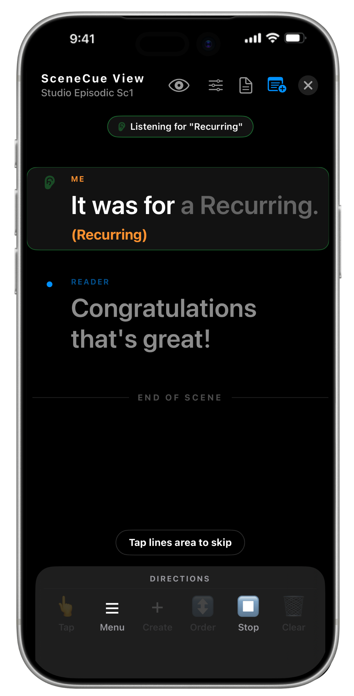 ActorCue iPhone app — line reader and hands-free rehearsal tool for actors, self-tape auditions